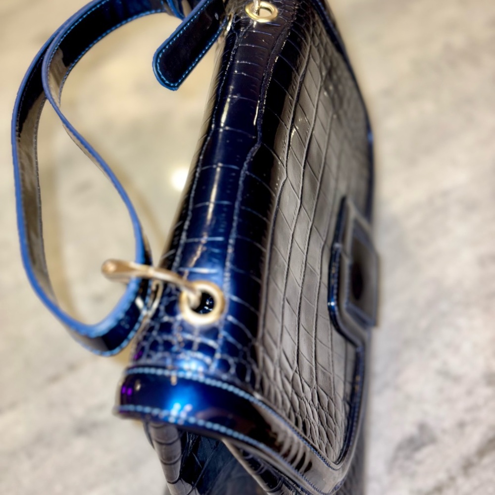Blue Croc Embossed Satchel with Gold-Tone Hardware - Picture 5 of 16